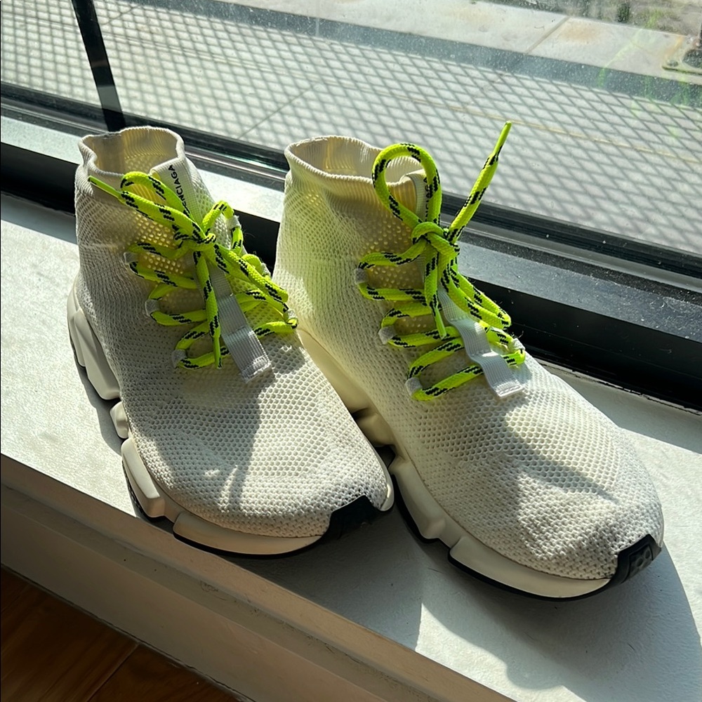 Balenciaga White and Green Sneakers with Sock-Like Fit